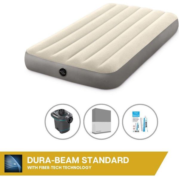 Letto Gonfiabile Intex - 1 Persona - 99 X 191 X 25 Cm - Beige + Pompa Elettrica Intex - 650 Litri/Min + Lenzuolo Di Ricambio Antracite + Kit Di Riparazione-image