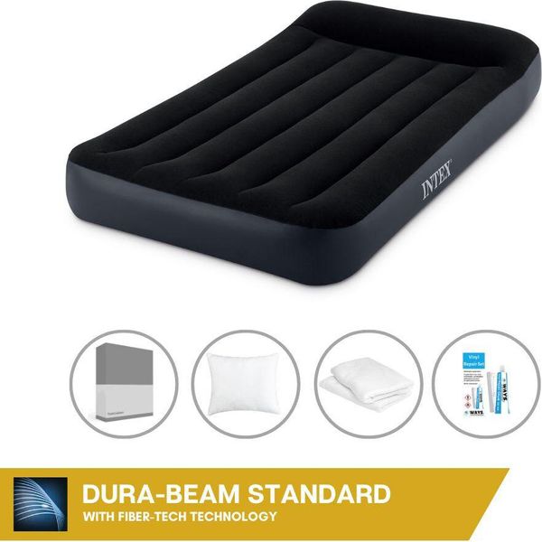 Letto Ad Aria Intex - 1 Persona - 99 X 191 X 25 Cm - Nero - Con Pompa Incorporata + Lenzuola Antracite + Cuscino + Federe Molton 2 In 1 + Set Di Riparazione-image