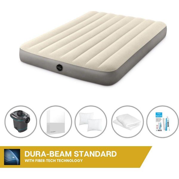 Letto Gonfiabile Intex - 2 Persone - 137 X 191 X 25 Cm - Beige + Pompa Elettrica Intex - 650 Litri/Min + Lenzuola Bianche + Cuscino + Federe Molton 2 In 1 + Set Di Riparazione-image