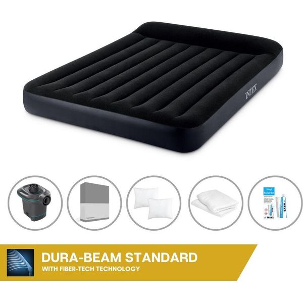 Letto Gonfiabile Intex - 2 Persone - 152 X 203 X 25 Cm - Nero + Pompa Elettrica Intex - 650 Litri/Min + Lenzuola Antracite + Cuscino + Federe Molton 2 In 1 + Set Di Riparazione-image