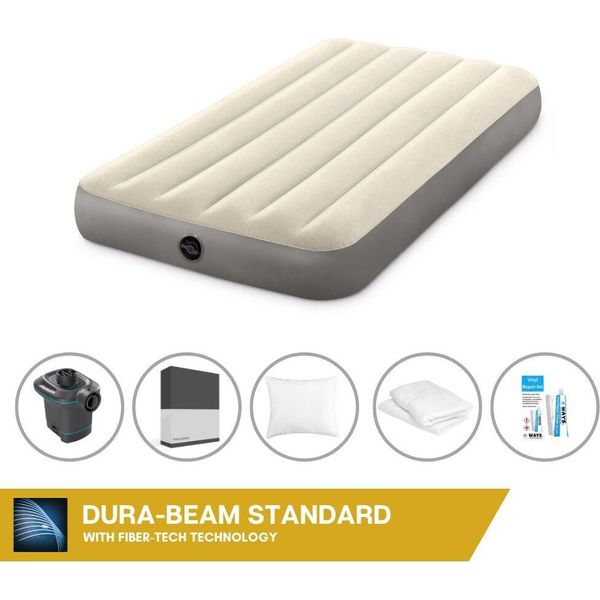 Letto Gonfiabile Intex - 1 Persona - 99 X 191 X 25 Cm - Beige + Pompa Elettrica Intex - 650 Litri/Min + Lenzuolo Nero + Cuscino + Federe Molton 2 In 1 + Set Di Riparazione-image