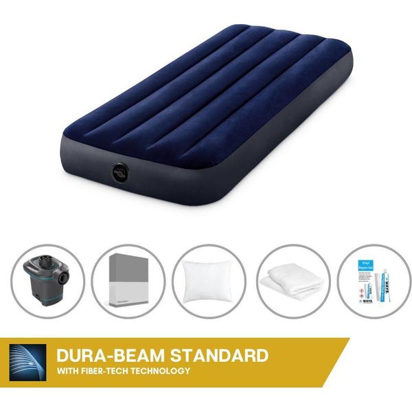 Letto Gonfiabile Intex - 1 Persona - 76 X 191 X 25 Cm - Blu + Pompa Elettrica Intex - 650 Litri/Min + Lenzuola Antracite + Cuscino + Federe Molton 2 In 1 + Set Di Riparazione-image