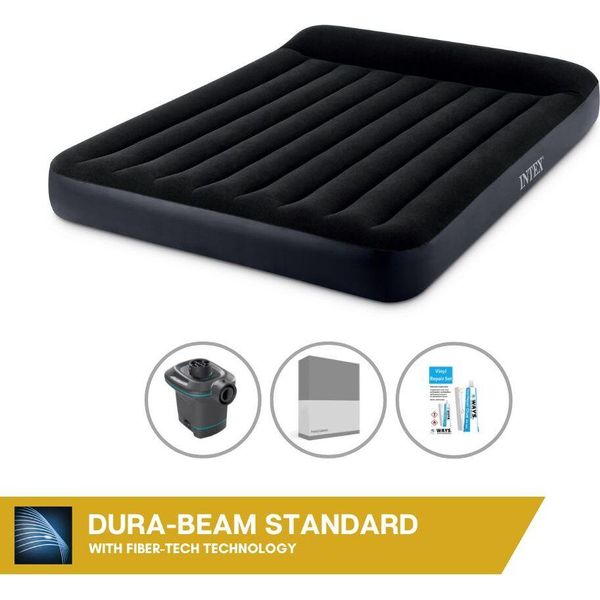 Letto Gonfiabile Intex - 2 Persone - 152 X 203 X 25 Cm - Nero + Pompa Elettrica Intex - 650 Litri/Min + Lenzuolo Di Ricambio Antracite + Kit Di Riparazione-image