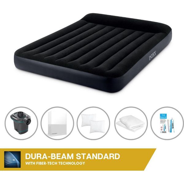 Letto Gonfiabile Intex - 2 Persone - 152 X 203 X 25 Cm - Nero + Pompa Elettrica Intex - 650 Litri/Min + Lenzuola Bianche + Cuscino + Federe Molton 2 In 1 + Set Di Riparazione-image