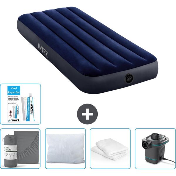Intex Airbed - 1 Persona - 76 X 191 X 25 Cm - Blu - Lenzuolo Incluso - Bacio - Pompa - Kit Di Riparazione E Protezione Per Cuscino-image