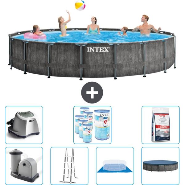 Piscina Intex Round Prism Frame Greywood - 549 X 122 Cm - Inclusa Pompa - Scaletta - Telo Di Fondo - Copertura Sistema Di Acqua Salata - Filtro -Per Piscina-image