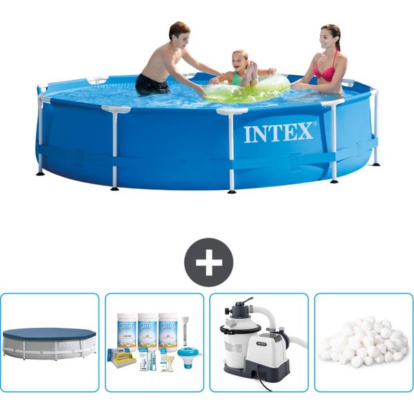 Piscina Intex Con Telaio Rotondo - 305 X 76 Cm - Blu - Include Copertura - Pacchetto Di Manutenzione - Pompa Filtro Per Piscina - Sfere Filtro-image