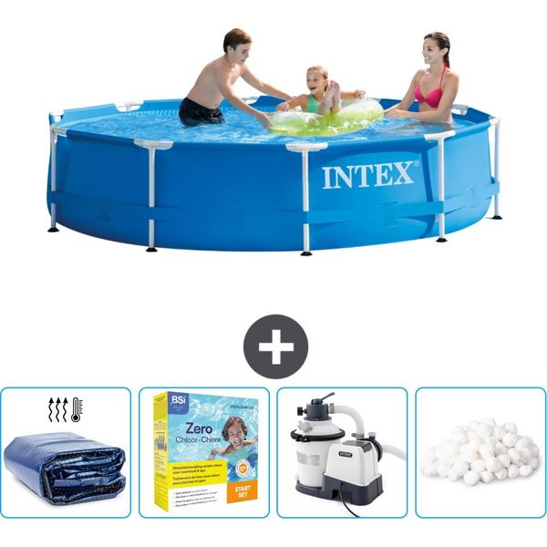 Piscina Intex Con Struttura Rotonda - 305 X 76 Cm - Blu - Include Tenda Da Sole - Pacchetto Manutenzione - Pompa Filtro Per Piscina - Sfere Filtranti-image