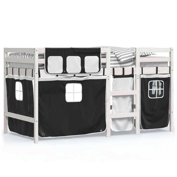 Vidaxl Letto A Soppalco Per Bambini Con Tende Bianco Nero 90X190 Cm In Legno Di Pino-image