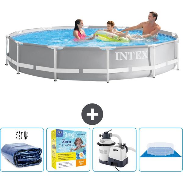 Piscina Intex Con Struttura A Prisma Rotondo - 366 X 76 Cm - Grigio - Include Tenda Da Sole - Pacchetto Manutenzione - Pompa Filtro Per Piscina - Copertura Del Terreno-image