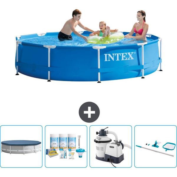 Piscina Intex Con Struttura Rotonda - 305 X 76 Cm - Blu - Copertura Inclusa - Pacchetto Di Manutenzione - Pompa Filtro Per Piscina - Kit Di Pulizia-image