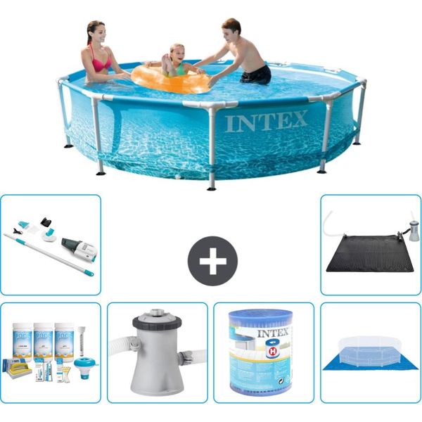 Piscina Intex Con Struttura Rotonda - 305 X 76 Cm - Pressione Dell'acqua - Pacchetto Di Manutenzione Incluso - Pompa Filtro Per Piscina - Filtro - Copertura Del Terreno - Aspirapolvere - Tappeto Solare-image