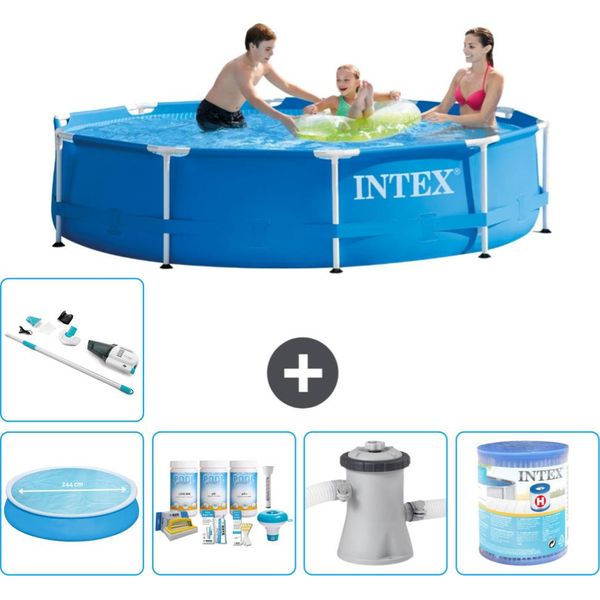 Piscina Intex Con Struttura Rotonda - 305 X 76 Cm - Blu - Include Tenda Da Sole - Pacchetto Manutenzione - Pompa Filtro Per Piscina - Filtro - Aspirapolvere-image