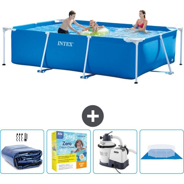Piscina Intex Con Struttura Rettangolare - 300 X 200 X 75 Cm - Blu - Include Tenda Da Sole - Pacchetto Manutenzione - Pompa Filtro Per Piscina - Copertura Del Terreno-image