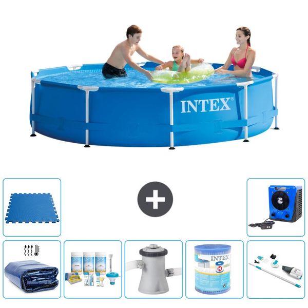 Piscina Intex Con Struttura Rotonda - 305 X 76 Cm - Blu - Include Tenda Da Sole - Pacchetto Di Manutenzione - Pompa Filtro Per Piscina - Filtro - Aspirapolvere - Piastrelle Per Pavimento-image