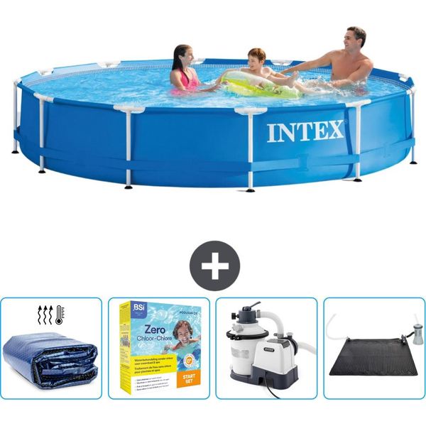 Piscina Intex Con Struttura Rotonda - 366 X 76 Cm - Blu - Include Tenda Da Sole - Pacchetto Manutenzione - Pompa Filtro Per Piscina - Tappeto Solare-image