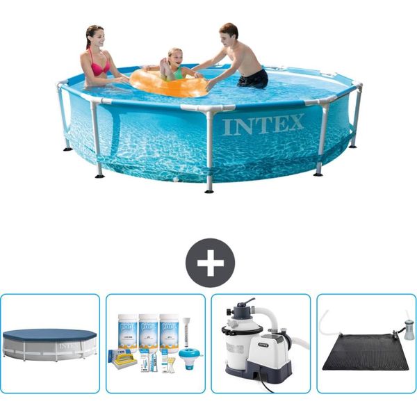 Piscina Intex Con Struttura Rotonda - 305 X 76 Cm - Pressione Dell'acqua - Copertura Inclusa - Pacchetto Manutenzione - Pompa Filtro Per Piscina - Tappetino Solare-image