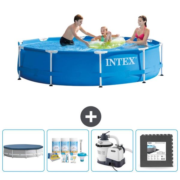 Piscina Intex Con Struttura Rotonda - 305 X 76 Cm - Blu - Copertura Inclusa - Pacchetto Manutenzione - Pompa Filtro Per Piscina - Pavimento In Piastrelle-image