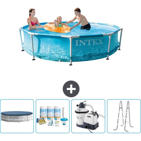 Piscina Intex Con Struttura Rotonda - 305 X 76 Cm - Pressione Dell'acqua - Copertura Inclusa - Pacchetto Manutenzione - Pompa Filtro Per Piscina - Scaletta-image