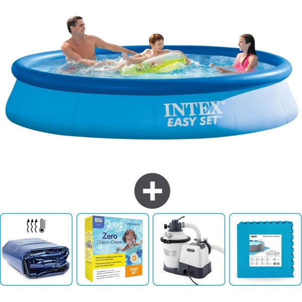 Piscina Gonfiabile Rotonda Intex Easy-Set - 366 X 76 Cm - Blu - Include Tenda Da Sole - Pacchetto Manutenzione - Pompa Filtro Per Piscina - Piastrelle Per Pavimento-image