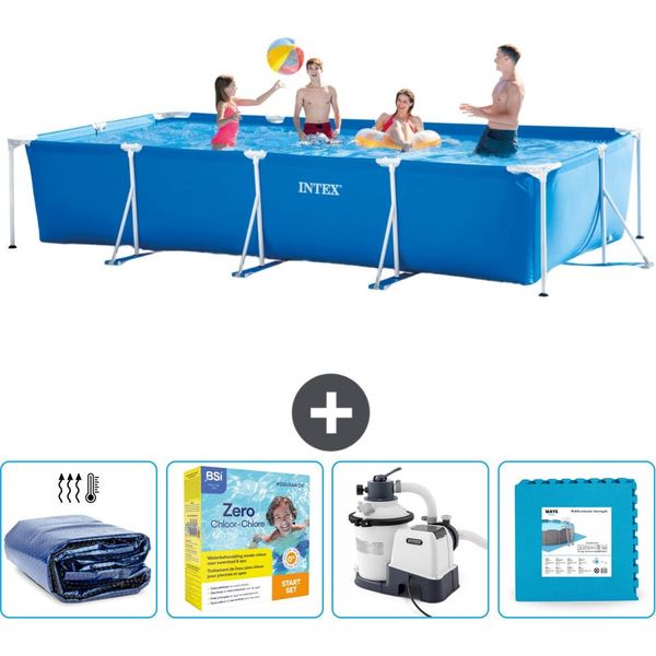 Piscina Intex Con Struttura Rettangolare - 450 X 220 X 84 Cm - Blu - Include Tenda Da Sole - Pacchetto Manutenzione - Pompa Filtro Per Piscina - Piastrelle Per Pavimento-image