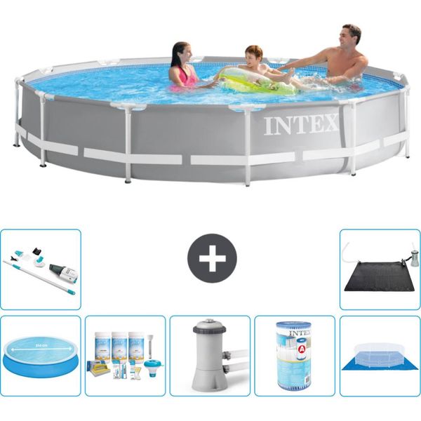 Piscina Intex Con Struttura A Prisma Rotondo - 366 X 76 Cm - Grigio - Include Tenda Da Sole - Pacchetto Di Manutenzione - Pompa Filtro Per Piscina - Filtro - Telo Di Fondo - Aspirapolvere-image