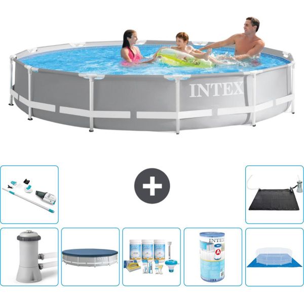 Piscina Intex Round Prism Frame - 366 X 76 Cm - Grigio - Inclusa Copertura Pompa - Pacchetto Manutenzione - Filtro - Copertura Del Terreno - Aspirapolvere - Tappetino Solare-image