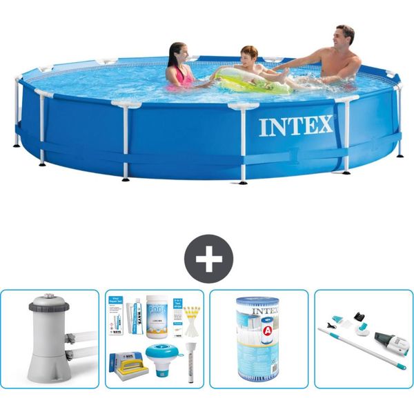 Piscina Intex Con Struttura Rotonda - 366 X 76 Cm - Blu - Pacchetto Manutenzione Pompa Incluso - Filtro - Aspirapolvere-image