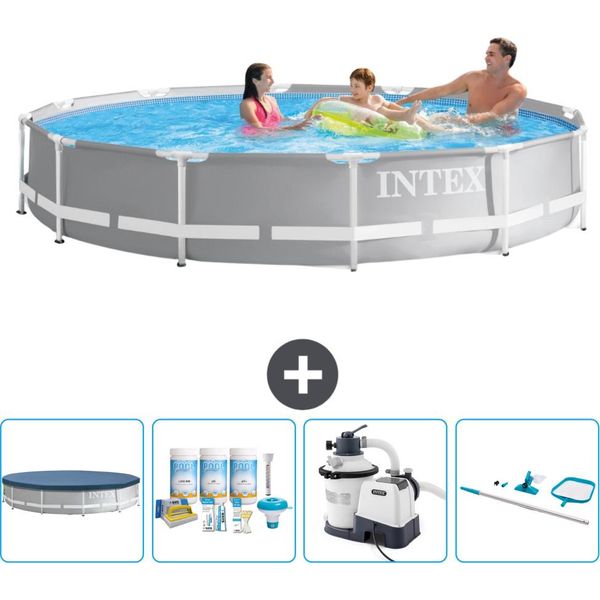 Piscina Intex Con Struttura A Prisma Rotondo - 366 X 76 Cm - Grigio - Copertura Inclusa - Pacchetto Manutenzione - Pompa Filtro Per Piscina - Kit Di Pulizia-image