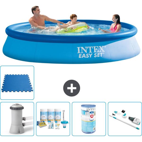 Piscina Gonfiabile Rotonda Easy Set Di Intex - 366 X 76 Cm - Blu - Incluso Pacchetto Manutenzione Pompa - Filtro - Aspirapolvere - Piastrelle Per Pavimento-image