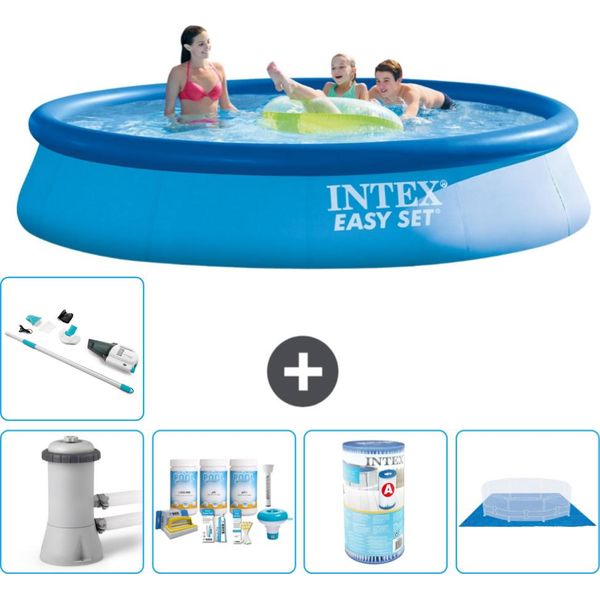 Piscina Gonfiabile Rotonda Intex Easy Set - 396 X 84 Cm - Blu - Incluso Pacchetto Manutenzione Pompa - Filtro - Telo Di Fondo - Aspirapolvere-image