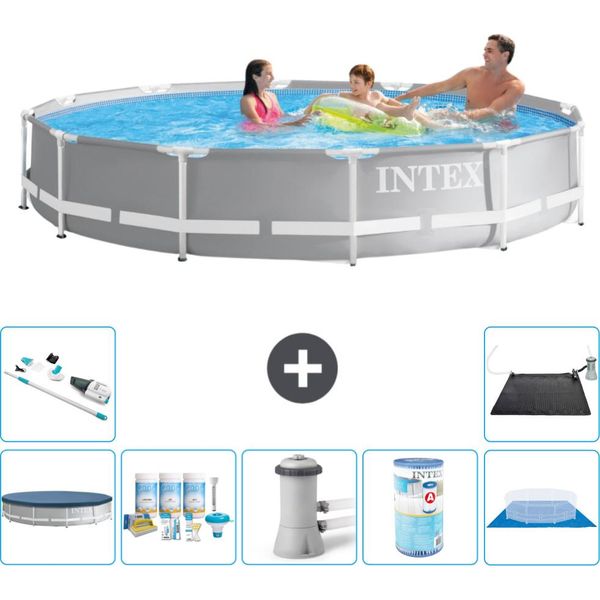 Piscina Intex Con Struttura A Prisma Rotondo - 366 X 76 Cm - Grigio - Include Copertura - Pacchetto Manutenzione - Pompa Filtro Per Piscina - Filtro - Telo Di Fondo - Aspirapolvere-image