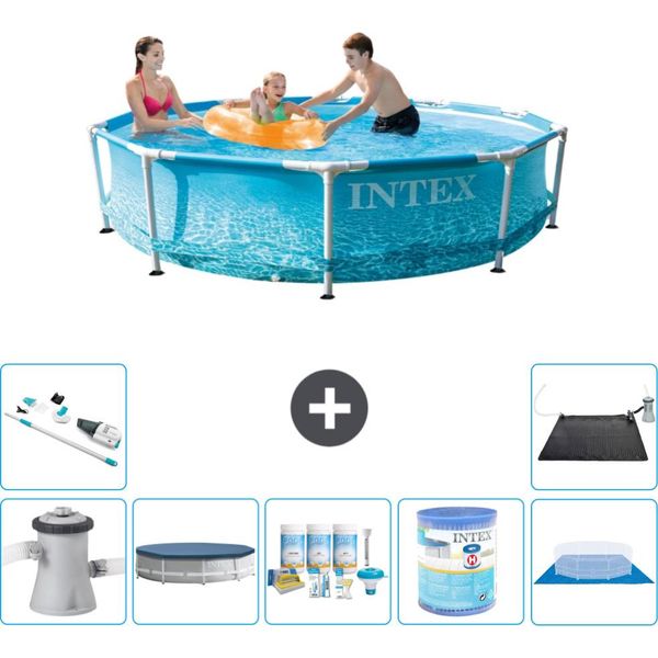 Piscina Intex Con Struttura Rotonda - 305 X 76 Cm - Pressione Dell'acqua - Copertura Della Pompa Inclusa - Pacchetto Di Manutenzione - Filtro - Copertura Del Terreno - Aspirapolvere - Tappetino Solare-image
