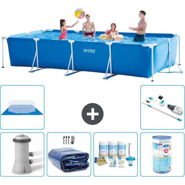 Piscina Intex Con Struttura Rettangolare - 450 X 220 X 84 Cm - Blu - Compresa Pompa - Tenda Da Sole - Pacchetto Manutenzione - Filtro - Telo Di Fondo - Aspirapolvere-image