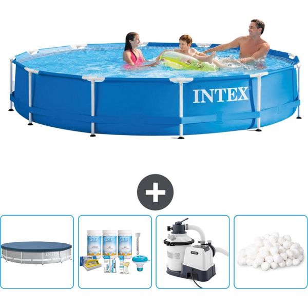 Piscina Intex Con Telaio Rotondo - 366 X 76 Cm - Blu - Copertura Inclusa - Pacchetto Di Manutenzione - Pompa Filtro Per Piscina - Sfere Filtro-image