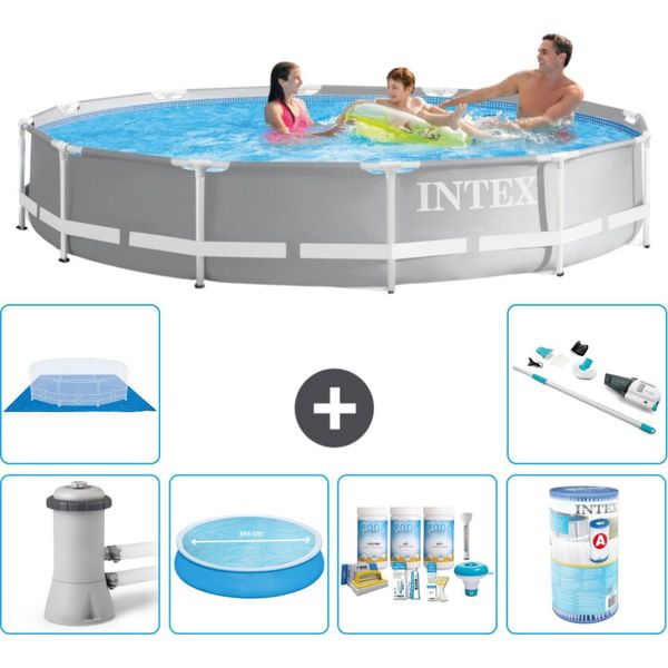 Piscina Intex Round Prism Frame - 366 X 76 Cm - Grigio - Inclusa Pompa - Tenda Da Sole - Pacchetto Manutenzione - Filtro - Telo Di Fondo - Aspirapolvere-image