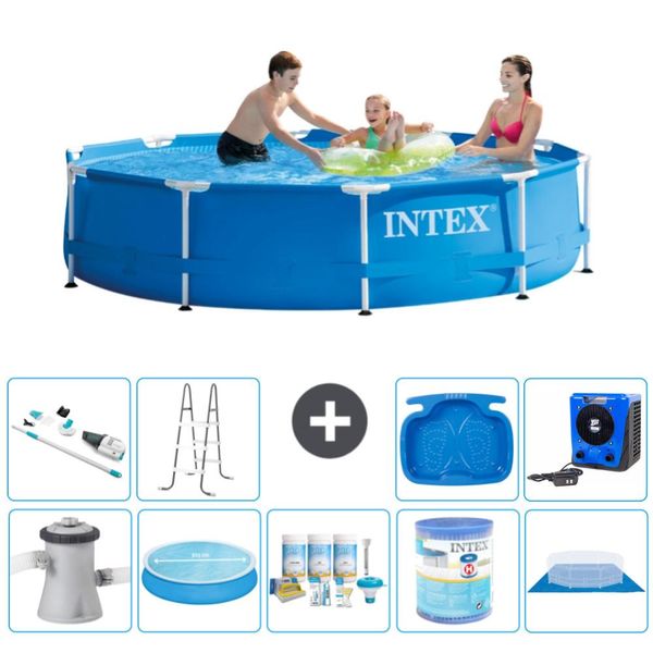 Piscina Intex Con Struttura Rotonda - 305 X 76 Cm - Blu - Pompa Inclusa - Tenda Da Sole - Pacchetto Manutenzione - Filtro - Telo Di Fondo - Aspirapolvere - Scaletta-image