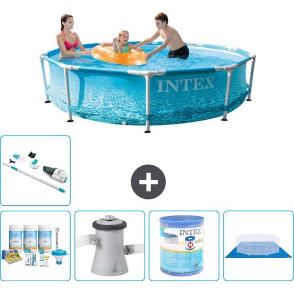 Piscina Intex Con Telaio Rotondo - 305 X 76 Cm - Pressione Dell'acqua - Pacchetto Di Manutenzione Incluso - Pompa Filtro Per Piscina - Filtro - Copertura Del Terreno - Aspirapolvere-image