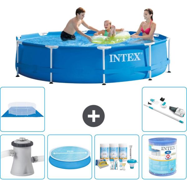 Piscina Intex Con Struttura Rotonda - 305 X 76 Cm - Blu - Inclusa Pompa Tenda Da Sole - Pacchetto Manutenzione - Filtro - Telo Di Fondo - Aspirapolvere-image