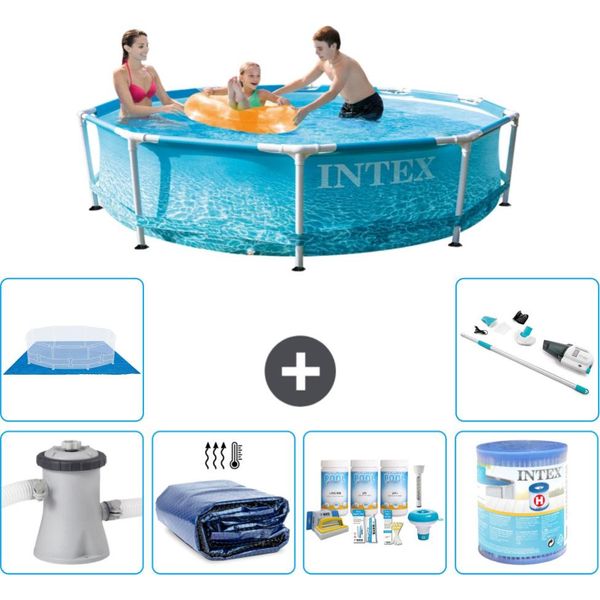 Piscina Intex Con Struttura Rotonda - 305 X 76 Cm - Pressione Dell'acqua - Tenda Da Sole Con Pompa Inclusa - Pacchetto Manutenzione - Filtro - Telo Di Fondo - Aspirapolvere-image