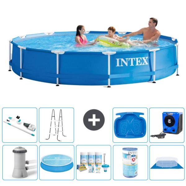 Piscina Intex Con Struttura Rotonda - 366 X 76 Cm - Blu - Pompa Inclusa - Tenda Da Sole - Pacchetto Manutenzione - Filtro - Telo Di Fondo - Aspirapolvere - Scaletta-image