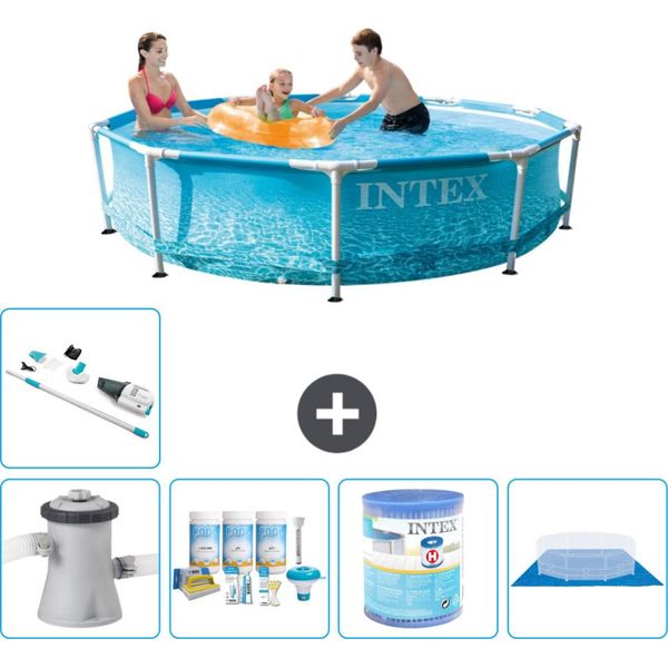 Piscina Intex Con Struttura Rotonda - 305 X 76 Cm - Pressione Dell'acqua - Pacchetto Di Manutenzione Della Pompa Incluso - Filtro - Telo Per Pavimento - Aspirapolvere-image