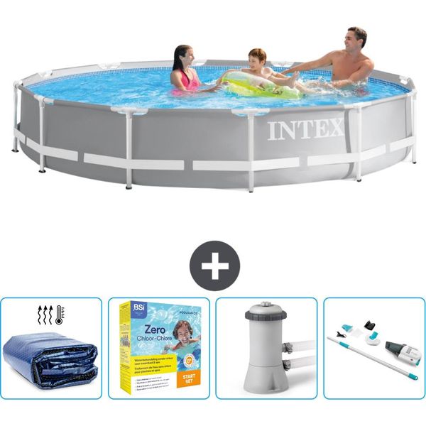 Piscina Intex Con Struttura A Prisma Rotondo - 366 X 76 Cm - Grigio - Include Tenda Da Sole - Pacchetto Manutenzione - Pompa Filtro Per Piscina - Hoover-image