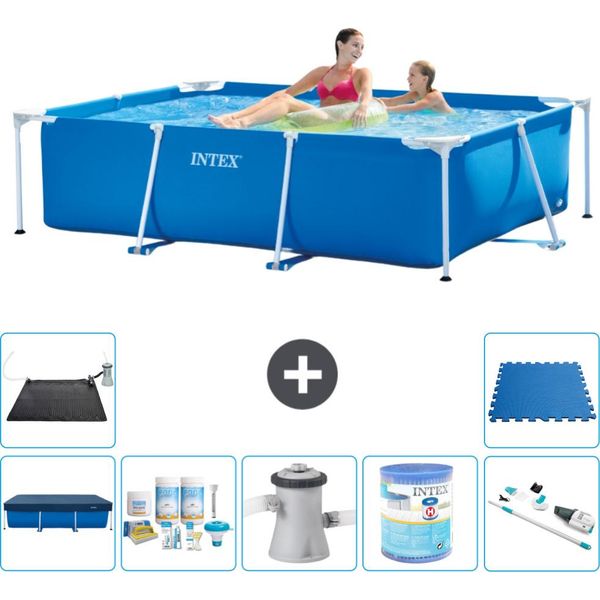 Piscina Intex Con Struttura Rettangolare - 220 X 150 X 60 Cm - Blu - Include Copertura - Pacchetto Manutenzione - Pompa Filtro Per Piscina - Filtro - Aspiratore - Tappeto Solare-image