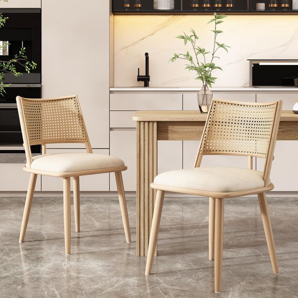 Flieks Sedie Da Pranzo In Rattan Set Di 2, Tavolo Da Pranzo Sedie Da Cucina Con Gambe In Metallo, Sedia Da Giardino Sedia Per Il Tempo Libero Sedia Da Soggiorno, Pu, Beige-image