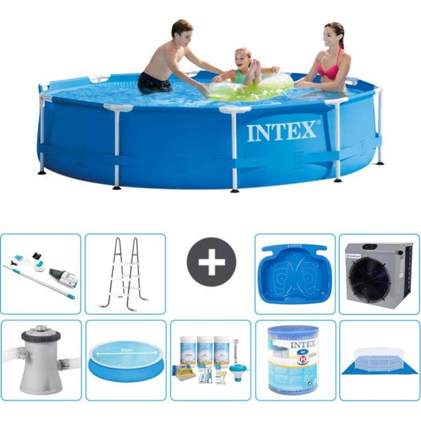 Piscina Intex Con Struttura Rotonda - 305 X 76 Cm - Blu - Pompa Inclusa - Tenda Da Sole - Pacchetto Manutenzione - Filtro - Telo Di Fondo - Aspirapolvere - Scaletta-image