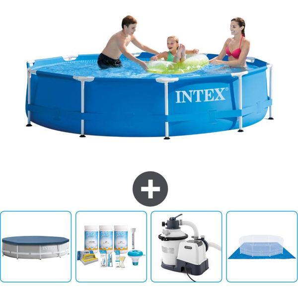 Piscina Intex Con Struttura Rotonda - 305 X 76 Cm - Blu - Include Copertura - Pacchetto Manutenzione - Pompa Filtro Per Piscina - Copertura Del Terreno-image