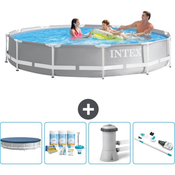 Piscina Intex Con Struttura A Prisma Rotondo - 366 X 76 Cm - Grigio - Copertura Inclusa - Pacchetto Manutenzione - Pompa Filtro Per Piscina - Hoover-image