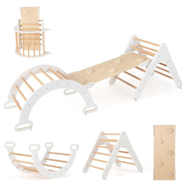 Costway Triangolo Di Arrampicata 4 In 1 Con Scivolo, Arco Di Arrampicata, Incl. Rampa Bifacciale, Per Arrampicarsi, Scivolare E Oscillare (Bianco)-image