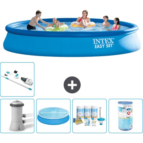 Piscina Gonfiabile Rotonda Intex Easy Set - 457 X 84 Cm - Blu - Inclusa Pompa Tenda - Pacchetto Manutenzione - Filtro - Aspirapolvere-image